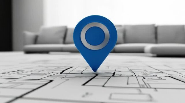 A blue pin icon with a white circle on a map, couch and lamp in background