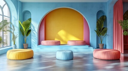 Vibrant Modern Interior Design with Colorful Seating and Plants