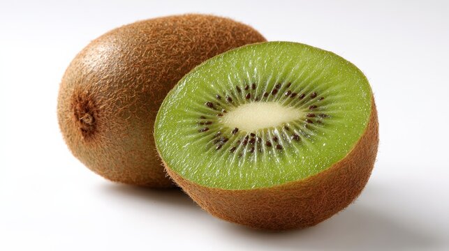 Fresh kiwi fruit halved with brown skin and green flesh on white background