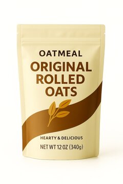 Fake Product Rendering of Oatmeal Package Bag Isolated on Blank White No Background Original Rolled Oats