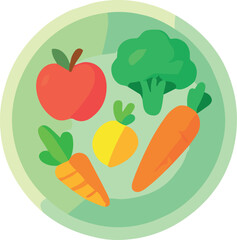 A colorful flat illustration of a healthy plate with fruits and vegetables, including an apple, broccoli, carrot, and beet, promoting balanced nutrition and wellness.