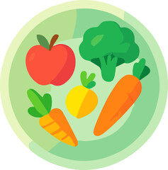 A colorful flat illustration of a healthy plate with fruits and vegetables, including an apple, broccoli, carrot, and beet, promoting balanced nutrition and wellness.