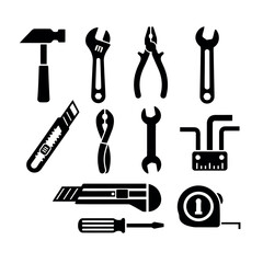 Collection of Black Silhouettes of Various Hand Tools and Measuring Devices Keywords: hammer, wrench, adjustable wrench, pliers, wire cutters, utility knife, box cutter, screwdriver, tape measure