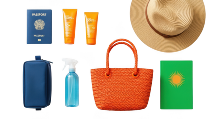 Summer beach essentials sunscreen hat bag spray bottle lotion bottle for a perfect vacation