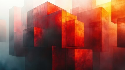 Abstract 3D Red and Orange Cube Structures in a Dreamlike Space
