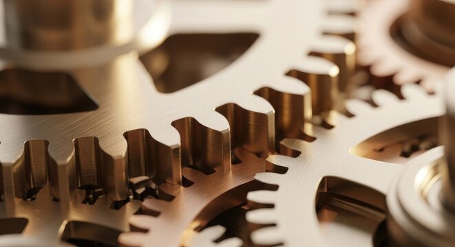 Close-up of interlocking brass gears in a mechanism