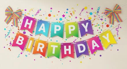 Colorful Happy Birthday Banner With Confetti And Bows