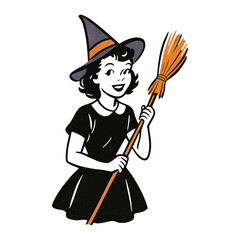 Obraz premium PNG Vintage witch with broom illustration.