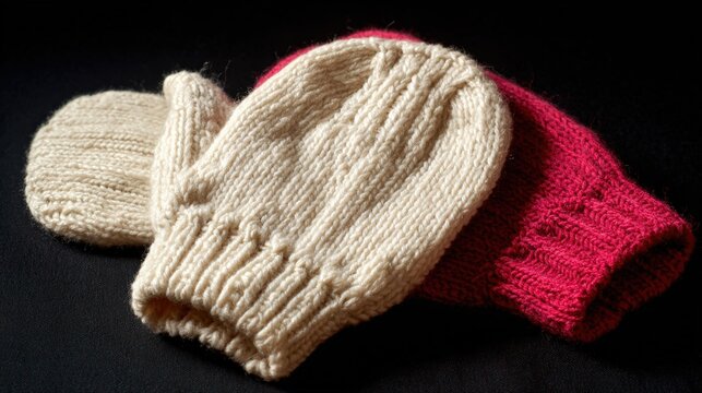 Cozy knitted mittens in cream and red colors on a dark background