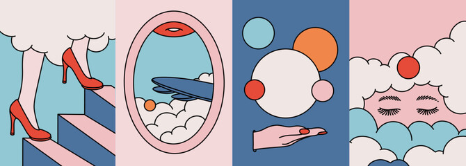 Posters Background Set Collection with Abstract Geometric Vector Illustrations in Bright Colors, Eyes Portrait, Heels on Stairs and Cloudy Sky with Planets for Exhibition Flyers, Brochures, and Covers