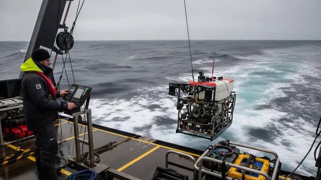 Research vessel deploying remotely operated vehicle for deep-sea exploration and scientific study.