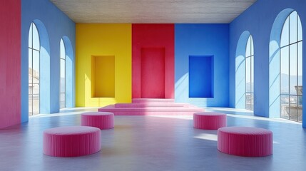 Bright Colorful Interior with Stylish Seating and Large Windows