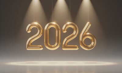 Golden 2026 Year Celebration With Hanging Gold Digits Under Spotlight And Soft Glow