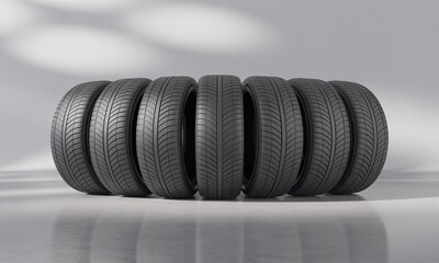 A neat row of black car tires standing upright on a reflective showroom surface. Ideal for automotive, tire shop, maintenance, and vehicle care visuals.