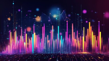 Abstract cityscape rendered in vibrant colors, featuring data visualization elements and dynamic lines - Powered by Adobe