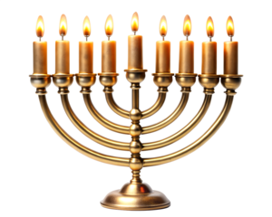A golden menorah with nine lit candles, isolated on a transparent background