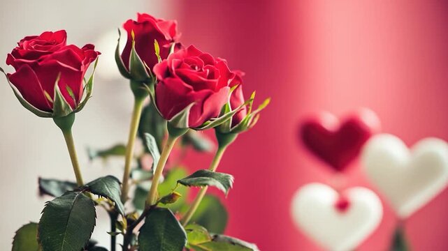 A beautiful bouquet of red roses with heart-shaped patterns in the background