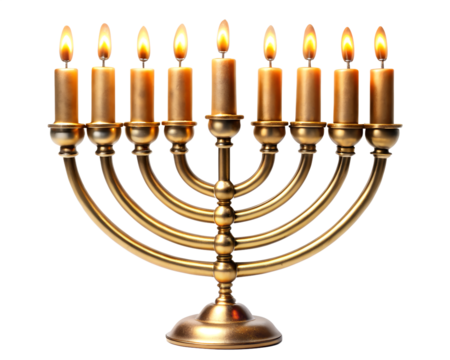 A golden menorah with nine lit candles, isolated on a transparent background
