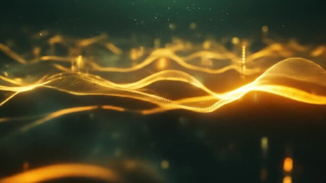 Abstract image showing luminous golden waves in motion across a dark, undefined background, evoking a sense of flow