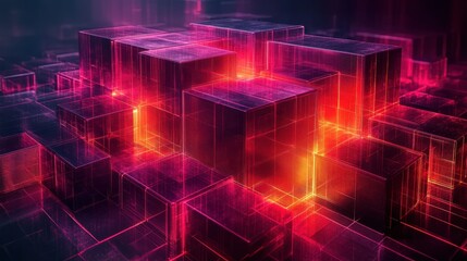Abstract 3D Geometric Blocks with Neon Glowing Lines and Colors