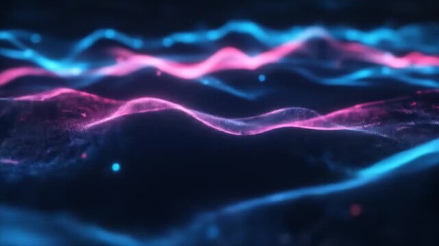 Abstract background features undulating, glowing lines of blue and pink, interspersed with sparkling lights