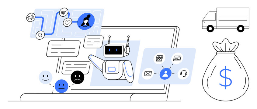 Chatbot interacting on a laptop with messages, emoticons, workflow diagrams. Delivery truck and money bag for commerce. Ideal for AI, customer service, e-commerce, automation, business technology - Powered by Adobe