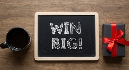 Flat lay of chalkboard with win big text, black coffee cup, wrapped gift box with red ribbon, wooden table, promotional contest concept

