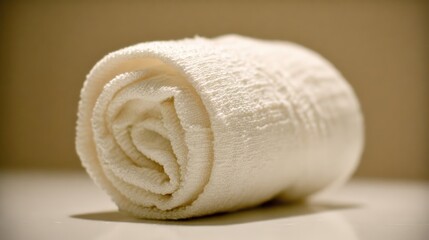 Rolled cotton towel on soft surface with neutral background