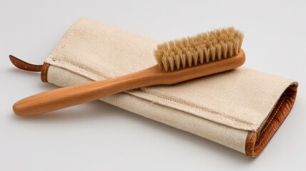 Elegant wooden brush on canvas pouch displaying natural textures and colors