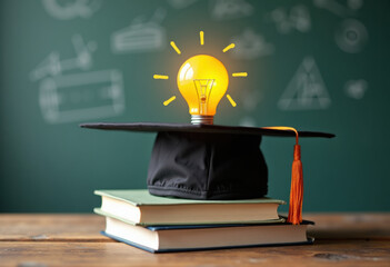 Graduation cap with a lightbulb on the book and icon learning in the classroom. Education learning concepts in school or university. Idea knowledge of innovative technology, science, and mathematics.
