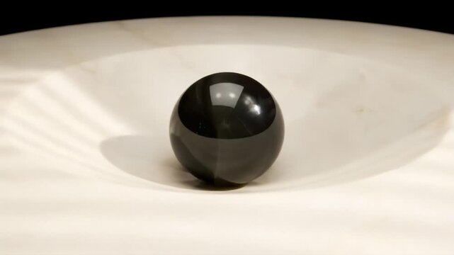 Mysterious polished obsidian sphere in an elegant white concave holder.