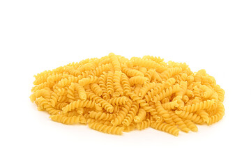 A pile of yellow pasta with a white background