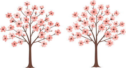  Beautiful Pink Cherry Blossom Trees with Blooming Flowers, Spring Season Illustration for Nature, Garden, and Seasonal Design Projects