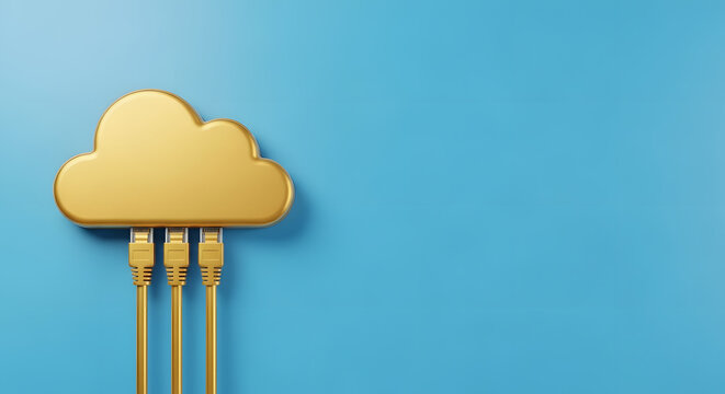 Cloud Computing Concept , Cloud storage and cloud computing concept with golden cloud form and ethernet cables falling from it on abstract light background