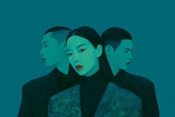 Stylized portrait of three people with teal tones