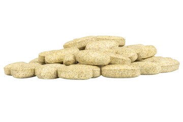 Garlic supplement pills on white background