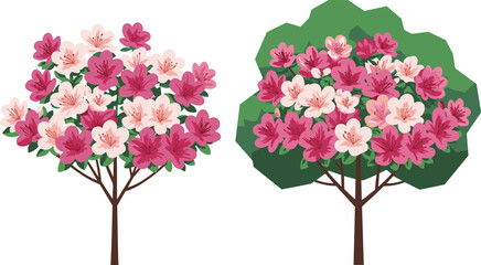 Colorful Blooming Flowering Trees Illustration Set with Pink and White Petals, Green Foliage, Perfect for Nature, Garden, and Floral Designs