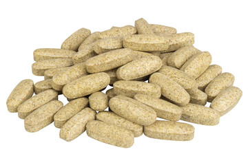 Garlic supplement pills on white background