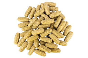 Garlic supplement pills on white background