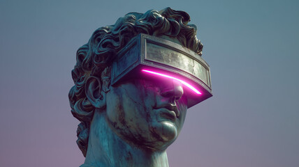 The head of an antique sculpture in virtual reality glasses - concept poster. Gray background. Vaporwave style. AI artwork.