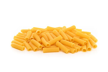 A pile of yellow pasta on a white background