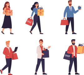  Diverse People Shopping and Celebrating with Gifts, Sale, and Online Purchases, Modern Vector Illustration of Customers, Retail, and Holiday Shopping Activities