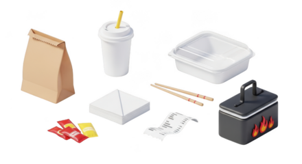 Isometric collection of takeout food items and packaging with a receipt and chopsticks