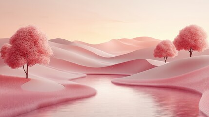 Serene Pink Landscape with Trees and Gentle River at Sunset