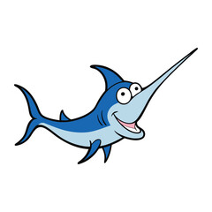 A cheerful swordfish illustration in vibrant colors