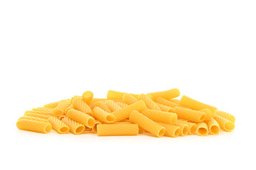 A pile of yellow pasta on a white background