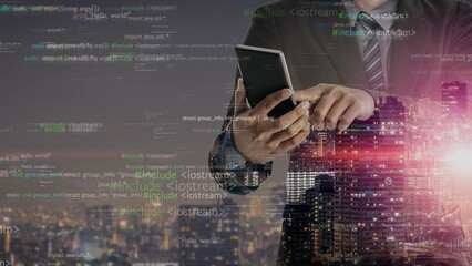 A businessman in a suit holds a smartphone with a cityscape and digital code overlay at night, symbolizing innovation, technology, and modern business communication. Xenic