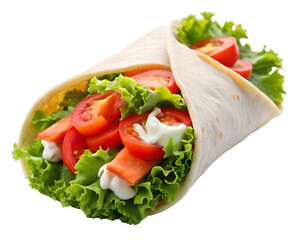 Freshly made chicken wrap with lettuce, tomato, and sauce, isolated on transparent background