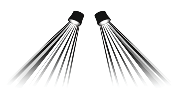 Two spotlight beams radiating outwards against a black background