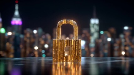 Cyber security concept: glowing golden padlock in a modern city night scene, symbolizing digital data protection and privacy. - Powered by Adobe